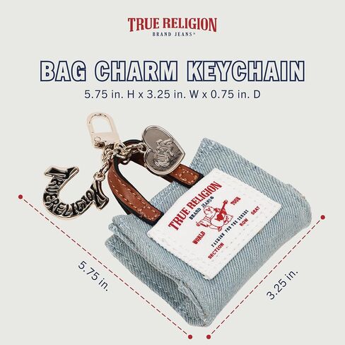 True Religion Buddha Mini Tote Bag Charm, Denim Keychain with Heart and Horseshoe Pendants, Gold Hardware, Denim in Kuwait