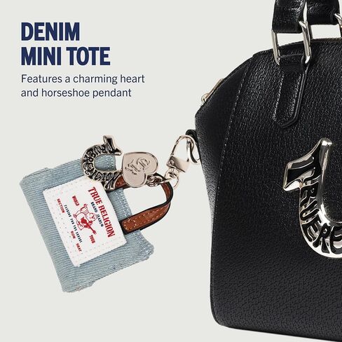 True Religion Buddha Mini Tote Bag Charm, Denim Keychain with Heart and Horseshoe Pendants, Gold Hardware, Denim in Kuwait