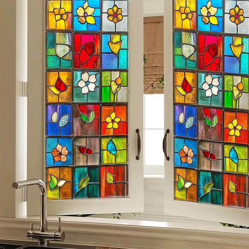 BlissYard Stained Glass Window Film Colorful Lattice Floral Leaf Window Privacy Film Glass Privacy Decals Living Room Sun Blocking Decor Removable Static Cling Stickers 17.71x39.97 inch in Kuwait