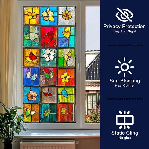 BlissYard Stained Glass Window Film Colorful Lattice Floral Leaf Window Privacy Film Glass Privacy Decals Living Room Sun Blocking Decor Removable Static Cling Stickers 17.71x39.97 inch in Kuwait