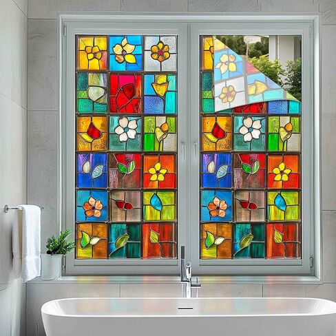 BlissYard Stained Glass Window Film Colorful Lattice Floral Leaf Window Privacy Film Glass Privacy Decals Living Room Sun Blocking Decor Removable Static Cling Stickers 17.71x39.97 inch in Kuwait