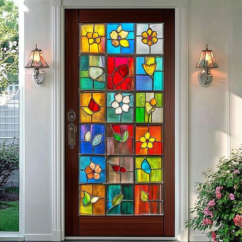 BlissYard Stained Glass Window Film Colorful Lattice Floral Leaf Window Privacy Film Glass Privacy Decals Living Room Sun Blocking Decor Removable Static Cling Stickers 17.71x39.97 inch in Kuwait