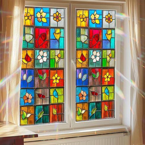 BlissYard Stained Glass Window Film Colorful Lattice Floral Leaf Window Privacy Film Glass Privacy Decals Living Room Sun Blocking Decor Removable Static Cling Stickers 17.71x39.97 inch in Kuwait