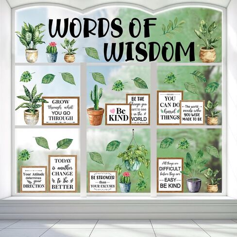 12 Sheet Greenery Plant Book Window Door Clings Inspirational Words of Wisdom Bookshelf Window Stickers Back to School Glass Decals for First Day of School Home Classroom Library Door Wall Decor in Kuwait