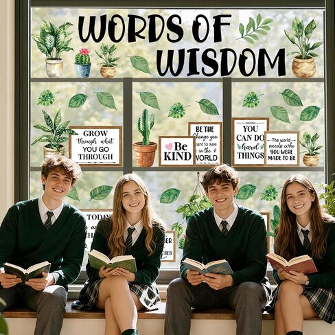 12 Sheet Greenery Plant Book Window Door Clings Inspirational Words of Wisdom Bookshelf Window Stickers Back to School Glass Decals for First Day of School Home Classroom Library Door Wall Decor in Kuwait