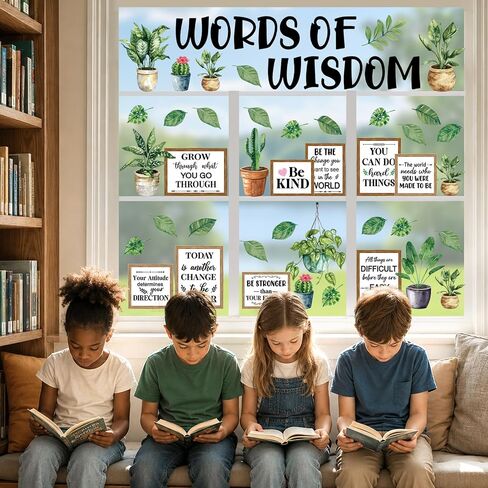 12 Sheet Greenery Plant Book Window Door Clings Inspirational Words of Wisdom Bookshelf Window Stickers Back to School Glass Decals for First Day of School Home Classroom Library Door Wall Decor in Kuwait