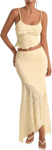 Milumia Women's 2 Piece Outfits Ruffle Trim Cami Crop Top and Low Rise Maxi Skirt Set in Kuwait