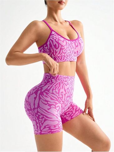 WDIRARA Women's Workout Sets Leopard 2 Piece Outfits Criss Cross Sports Bra Biker Shorts Set Tracksuit in Kuwait