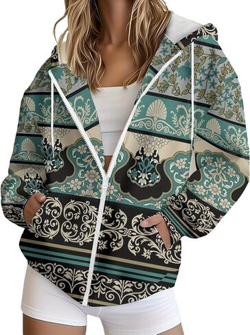 Womens Floral Print Christmas Hoodie Zip Up Sweatshirts Long Sleeve Casual Pullover Streetwear Top for Fall Winter Coat in Kuwait