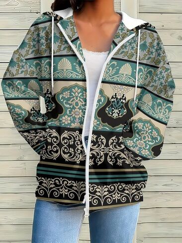 Womens Floral Print Christmas Hoodie Zip Up Sweatshirts Long Sleeve Casual Pullover Streetwear Top for Fall Winter Coat in Kuwait