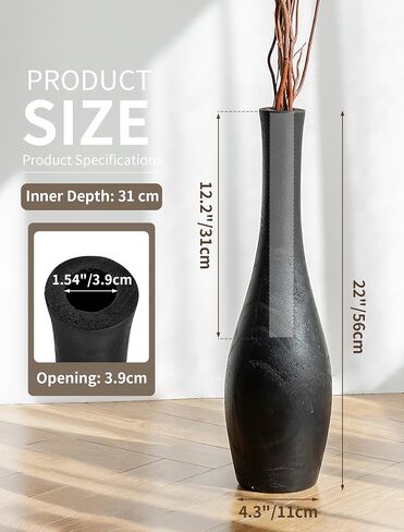 Hanobe Matte Black Floor Vase: 22 Inch Tall Wooden Vase for Modern Living Room Corner - Minimalist Slim-Neck Decorative Vase for Fireplace Hallway Bedroom Home Decor in Saudi Arabia