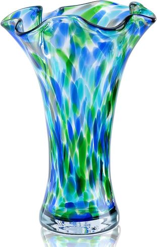 Hand Blown Glass Vase for Flowers, 9" Unique Murano Style Art Glass Vase, Wide Mouth Teal Turquoise Swirl Decorative Colorful Blue Green Vases for Home Decor, Living Room Table Centerpiece,Shelf in Saudi Arabia