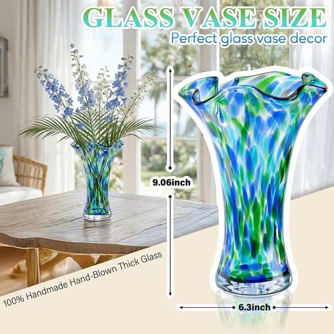 Hand Blown Glass Vase for Flowers, 9" Unique Murano Style Art Glass Vase, Wide Mouth Teal Turquoise Swirl Decorative Colorful Blue Green Vases for Home Decor, Living Room Table Centerpiece,Shelf in Saudi Arabia