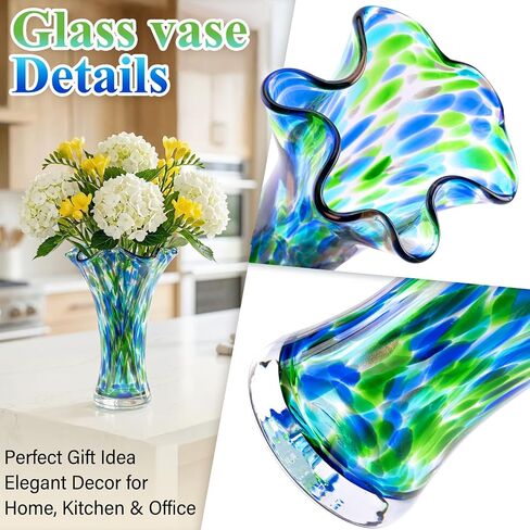 Hand Blown Glass Vase for Flowers, 9" Unique Murano Style Art Glass Vase, Wide Mouth Teal Turquoise Swirl Decorative Colorful Blue Green Vases for Home Decor, Living Room Table Centerpiece,Shelf in Saudi Arabia