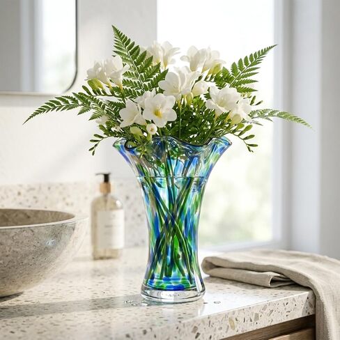 Hand Blown Glass Vase for Flowers, 9" Unique Murano Style Art Glass Vase, Wide Mouth Teal Turquoise Swirl Decorative Colorful Blue Green Vases for Home Decor, Living Room Table Centerpiece,Shelf in Saudi Arabia