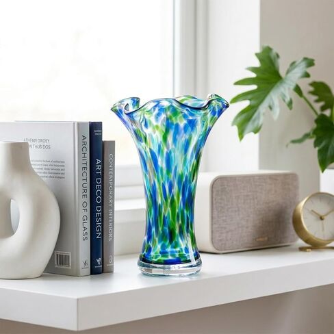 Hand Blown Glass Vase for Flowers, 9" Unique Murano Style Art Glass Vase, Wide Mouth Teal Turquoise Swirl Decorative Colorful Blue Green Vases for Home Decor, Living Room Table Centerpiece,Shelf in Saudi Arabia