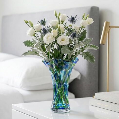 Hand Blown Glass Vase for Flowers, 9" Unique Murano Style Art Glass Vase, Wide Mouth Teal Turquoise Swirl Decorative Colorful Blue Green Vases for Home Decor, Living Room Table Centerpiece,Shelf in Saudi Arabia