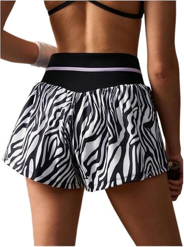 BEAUDRM Women's Zebra Striped Athletic Running Shorts Elastic High Waisted Workout Sports Shorts in Kuwait