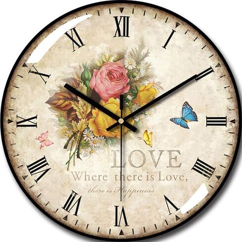 Wall Clock —12-inch Silent No Ticking Sound Battery Operated Vintage Floral Pattern Wooden Dial Easy-Clean Glass Cover — Suitable for Living Room and Bedroom Decoration Great Gift in Kuwait