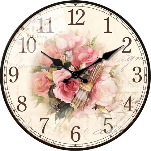 Wall Clock —12-inch Silent No Ticking Sound Battery Operated Vintage Floral Pattern Wooden Dial Easy-Clean Glass Cover — Suitable for Living Room and Bedroom Decoration Great Gift in Kuwait