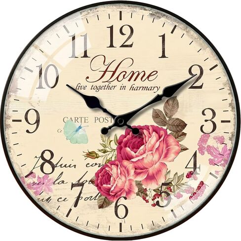 Wall Clock —12-inch Silent No Ticking Sound Battery Operated Vintage Floral Pattern Wooden Dial Easy-Clean Glass Cover — Suitable for Living Room and Bedroom Decoration Great Gift in Kuwait