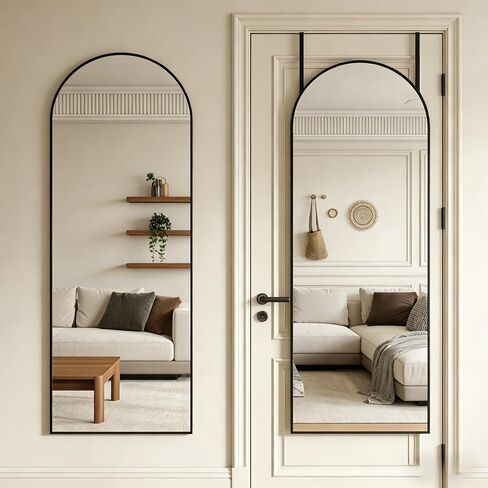 Arched Full Length Mirror 14" x 48", Over Door Hanging Dressing Mirror with Hooks, HD Full Body, Wall Mounted Space Saving for Bedroom Bathroom Dorm Entryway White Frame in Saudi Arabia