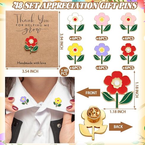 Kigeli 48/96 Pcs Teacher Appreciation Pin Gifts Bulk Enamel Flower Pins for Teacher Thanks for Helping Me Grow Gifts Bulk in Kuwait