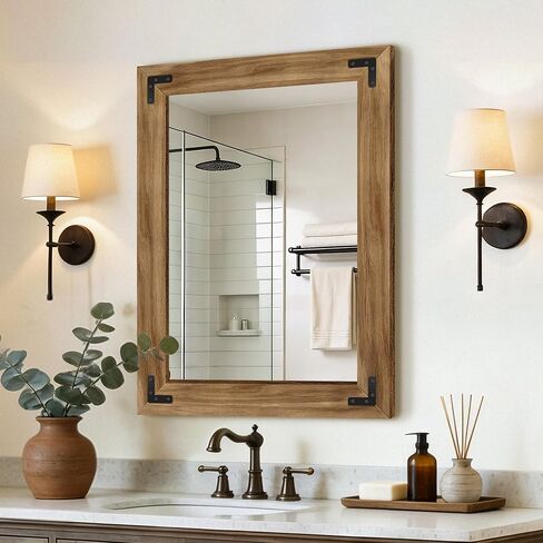 Wood Bathroom Mirror for Wall, 28"x40" Rustic Farmhouse Wood Framed Mirror for Bathroom Sink, Entryway, Living Room, Bedroom in Saudi Arabia