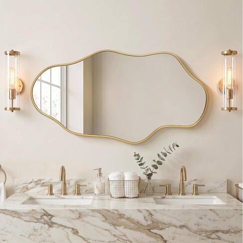 Besdomus Irregular Wall Mirror for Bathroom: 23.5"x44" Gold Asymmetrical Wavy Abstract Wooden Frame Decorative Mirror for Cloakroom/Bedroom/Entryway/Living Room - Ideal for 20-44 Age Fashion Women in Saudi Arabia