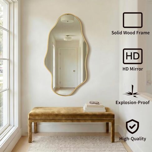 Besdomus Irregular Wall Mirror for Bathroom: 23.5"x44" Gold Asymmetrical Wavy Abstract Wooden Frame Decorative Mirror for Cloakroom/Bedroom/Entryway/Living Room - Ideal for 20-44 Age Fashion Women in Saudi Arabia