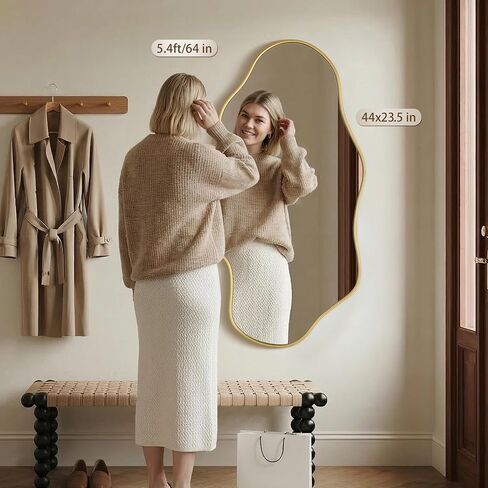 Besdomus Irregular Wall Mirror for Bathroom: 23.5"x44" Gold Asymmetrical Wavy Abstract Wooden Frame Decorative Mirror for Cloakroom/Bedroom/Entryway/Living Room - Ideal for 20-44 Age Fashion Women in Saudi Arabia