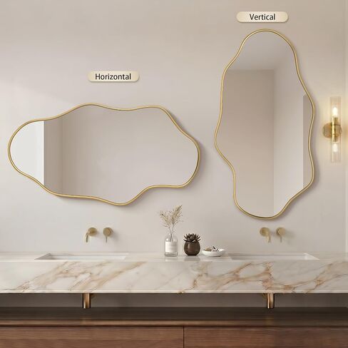 Besdomus Irregular Wall Mirror for Bathroom: 23.5"x44" Gold Asymmetrical Wavy Abstract Wooden Frame Decorative Mirror for Cloakroom/Bedroom/Entryway/Living Room - Ideal for 20-44 Age Fashion Women in Saudi Arabia