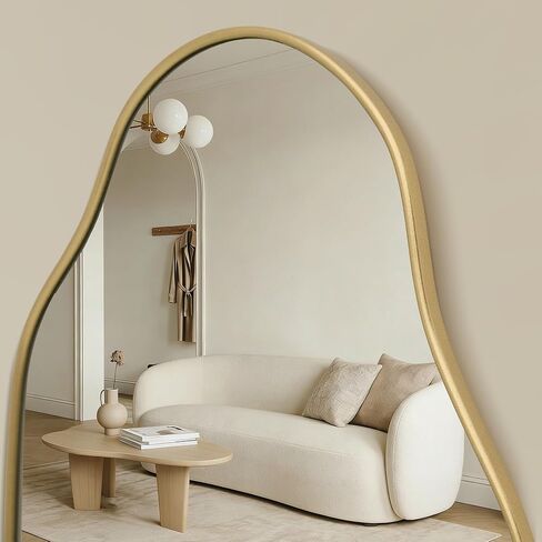 Besdomus Irregular Wall Mirror for Bathroom: 23.5"x44" Gold Asymmetrical Wavy Abstract Wooden Frame Decorative Mirror for Cloakroom/Bedroom/Entryway/Living Room - Ideal for 20-44 Age Fashion Women in Saudi Arabia