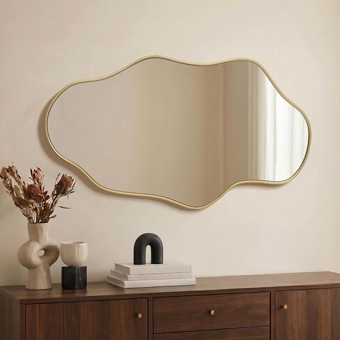 Besdomus Irregular Wall Mirror for Bathroom: 23.5"x44" Gold Asymmetrical Wavy Abstract Wooden Frame Decorative Mirror for Cloakroom/Bedroom/Entryway/Living Room - Ideal for 20-44 Age Fashion Women in Saudi Arabia