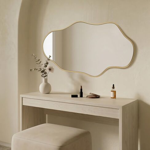 Besdomus Irregular Wall Mirror for Bathroom: 23.5"x44" Gold Asymmetrical Wavy Abstract Wooden Frame Decorative Mirror for Cloakroom/Bedroom/Entryway/Living Room - Ideal for 20-44 Age Fashion Women in Saudi Arabia