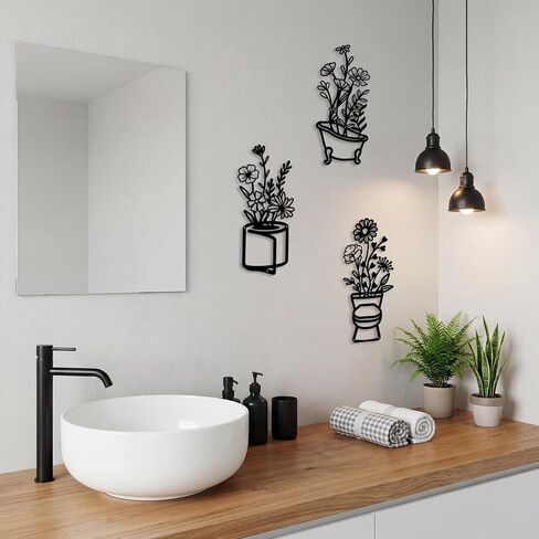 CYAOOI Black Metal Bathroom Wall Decor Set of 3, Funny Bathtub Toilet Paper Floral Bathroom Wall Art, Modern Flower Pictures Wall Decor for Bathroom Bedroom Laundry Room Hallway in Saudi Arabia