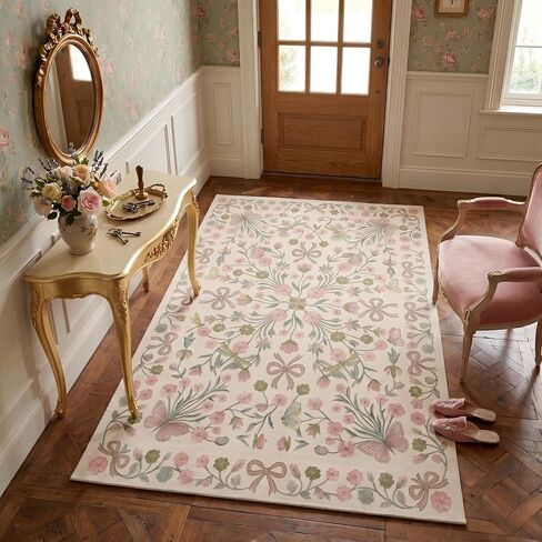 5x7 Area Rug for Living Room，Boho Beige Butterfly Bow Rug Pink and Green Florals，Non-Slip Washable Foldable Bedroom，Dining Room in Saudi Arabia