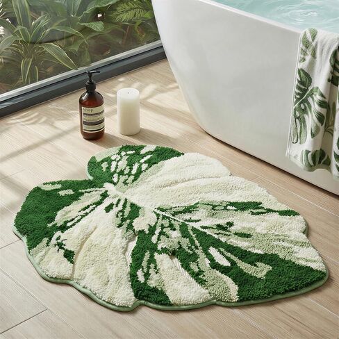 Mini Sage Green Leaf Bathroom Sink Mat Monstera, 23.6"x26.8" Extra Soft, Absorbent Washable Tufted Bath Rug, Non-Slip TPR Backing, Plush Shaggy Bath Carpet for Floor in Saudi Arabia