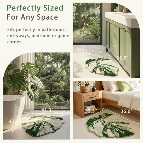 Mini Sage Green Leaf Bathroom Sink Mat Monstera, 23.6"x26.8" Extra Soft, Absorbent Washable Tufted Bath Rug, Non-Slip TPR Backing, Plush Shaggy Bath Carpet for Floor in Saudi Arabia