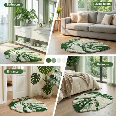 Mini Sage Green Leaf Bathroom Sink Mat Monstera, 23.6"x26.8" Extra Soft, Absorbent Washable Tufted Bath Rug, Non-Slip TPR Backing, Plush Shaggy Bath Carpet for Floor in Saudi Arabia
