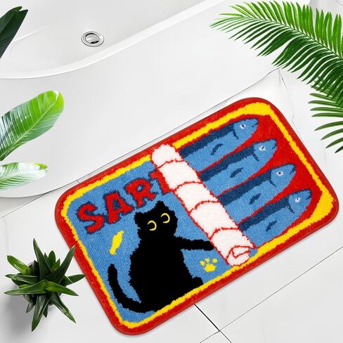 Black Cat Bath Rugs for Bathroom,Sardine Can Bath Rug,Funny Non-Slip Blue Mat with Quirky Design Rugs for Bathroom Shower Bedroom,30x18 Inch in Saudi Arabia