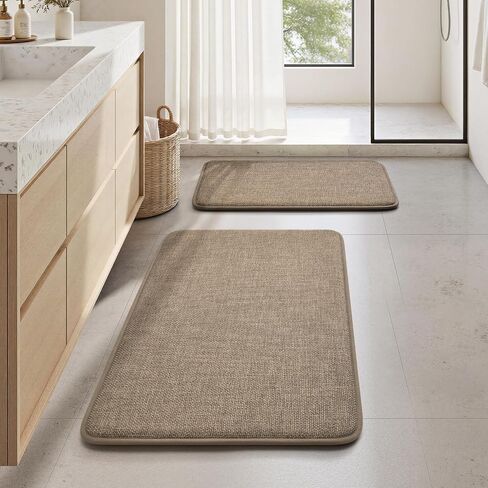 HOMEIDEAS Memory Foam Bathroom Rugs Set 2 Piece, Ultra Absorbent Quick Dry Bath Mats, Linen-Like Boho Bathroom Rug Set for Bath Floor, Shower & Tub (Beige, 32"x20" + 24"x17") in Saudi Arabia