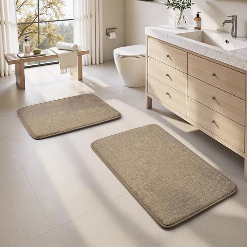 HOMEIDEAS Memory Foam Bathroom Rugs Set 2 Piece, Ultra Absorbent Quick Dry Bath Mats, Linen-Like Boho Bathroom Rug Set for Bath Floor, Shower & Tub (Beige, 32"x20" + 24"x17") in Saudi Arabia