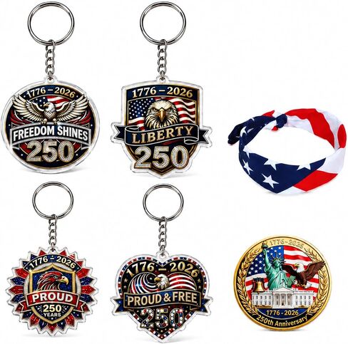 250th Anniversary Patriotic Keychain Bundle, Includes 4 Commemorative USA Keychains, Patriotic Bandana & Lapel Pin, July 4th & Veterans Day Souvenir Gifts in Kuwait