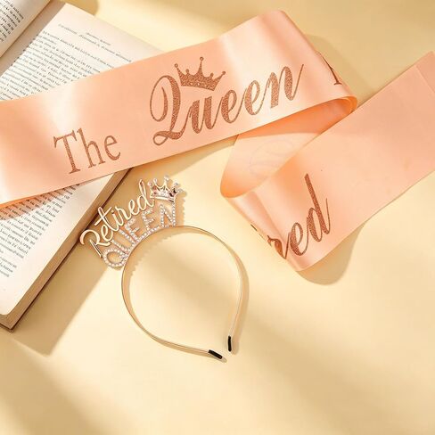 CUBACO Retirement Gift for Woman, Rose Gold Retirement Headband and Sash Party Decorations Funny Gifts for Women Farewell Decorations Party The Queen Has Retired Party Favors Supplies in Saudi Arabia