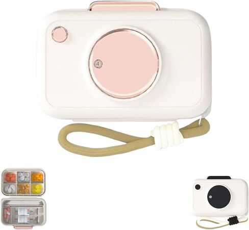 Camera-Shaped Weekly Travel Medicine Pill Organizer Box - Small, Portable, 7-Day Airtight Pill Holder with Oral Liquid and Pill Compartment (Pink and White) in Saudi Arabia