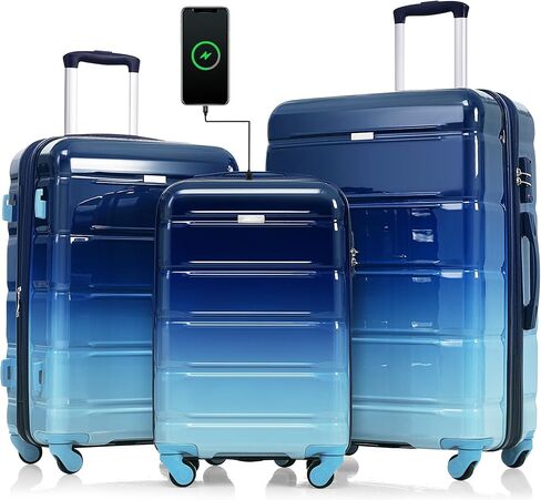 3 Piece Luggage Set, Hardside Suitcases with USB Charging Port, TSA Lock & Spinner Wheels, Lightweight ABS+PC Gradient Blue Travel Set, 20" Carry On + 24"+28" Checked Bags, Airline Approved in Saudi Arabia