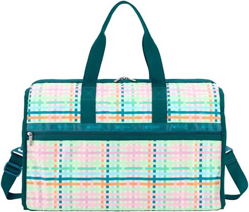 حقيبة LeSportsac Mason Madras Deluxe الكبيرة لعطلة نهاية الأسبوع، طراز 4319/لون E875، ألوان استوائية احتفالية، تصميم منقوش تفسيري حديث وممتع، تصميم نسج حيوي، خلفية شيفرون in Kuwait