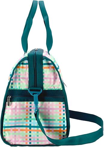 حقيبة LeSportsac Mason Madras Deluxe الكبيرة لعطلة نهاية الأسبوع، طراز 4319/لون E875، ألوان استوائية احتفالية، تصميم منقوش تفسيري حديث وممتع، تصميم نسج حيوي، خلفية شيفرون in Kuwait