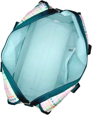حقيبة LeSportsac Mason Madras Deluxe الكبيرة لعطلة نهاية الأسبوع، طراز 4319/لون E875، ألوان استوائية احتفالية، تصميم منقوش تفسيري حديث وممتع، تصميم نسج حيوي، خلفية شيفرون in Kuwait